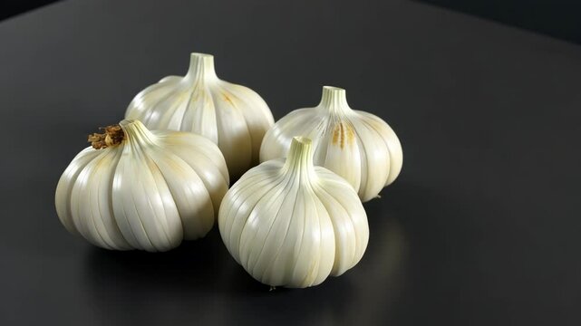 Fresh garlic bulbs are arranged on a dark surface, showcasing their distinctive shape and texture, perfect for cooking and flavoring dishes