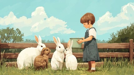 Young Child Feeding Adorable Rabbits in a Peaceful Green Meadow with Blue Sky and Fenced Background