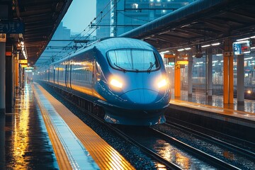 Fototapeta premium On a rainy day, the blue train arrives at the station. Generative Ai