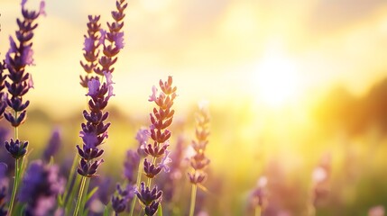 Obraz premium Soft Golden Sunset Over Lavender Field with Purple Blooms Against a Beautiful Sky
