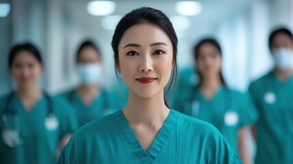 Fototapeta premium Confident Female Surgeon in Green Scrubs Surrounded by Medical Team in Hospital Environment