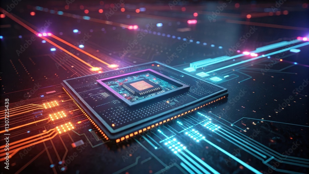 Poster futuristic microchip surrounded by vibrant glowing circuits on a dark background.