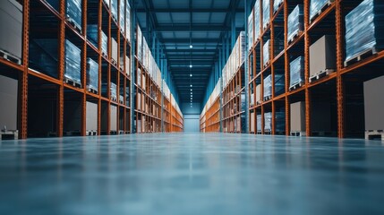 Vast Warehouse with Tall Shelving Units and Storage Pallets in a Clean and Organized Environment