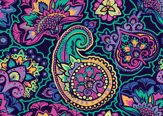 Seamless paisley pattern in Oriental style with floral and ethnic motifs for printed fabric, wallpaper, and packaging