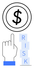 Dollar sign representing money, pointing hand elevated toward risk blocks. Ideal for business strategy, investment planning, decision-making, financial growth, budgeting, risk assessment, abstract
