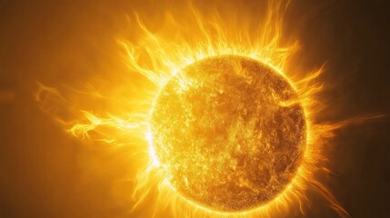 sun, close-up, yellow solid background, glowing sun with smooth, circular shape, sharp radiating lines glowing from the center.