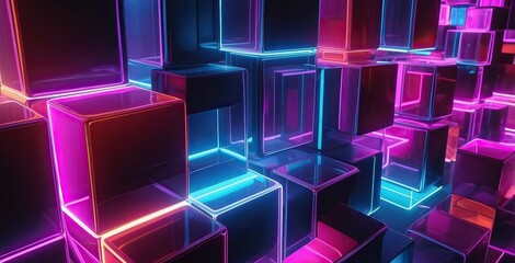 Colorful illuminated blocks create a vibrant abstract design in a modern digital space at night, created by ai generated