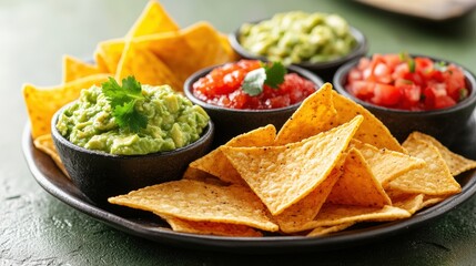 Savory Trio: Crispy Tortilla Chips with Guacamole, Queso, and Salsa Roja on Lime Green Background for Copy Space