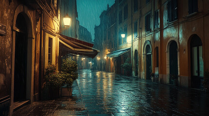 Romantic rainy night scene in a charming italian city street old wet town dark mood calm light lamps