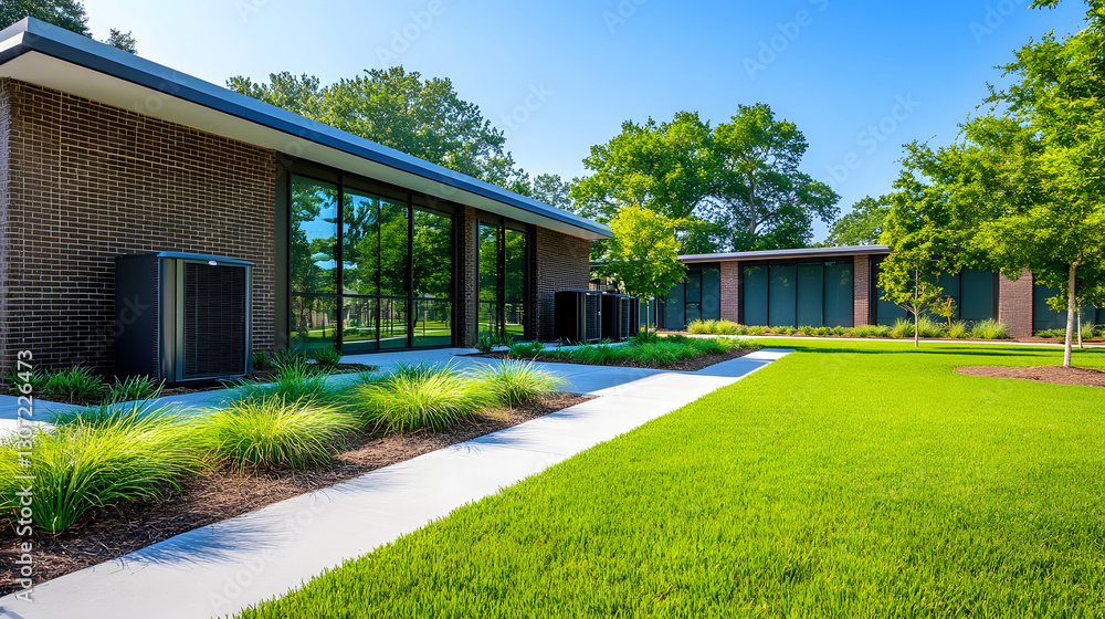 Aufkleber a modern building surrounded by lush green grass and trees, featuring large windows and a clean path