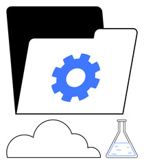 Folder with a gear icon, cloud, and lab flask representing data storage, cloud computing, science, collaboration, research, innovation and management. Ideal for technology and science flat simple