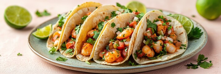 Vibrant Seafood Tacos with Lime and Cilantro on Pink Background for Holiday Food Ads