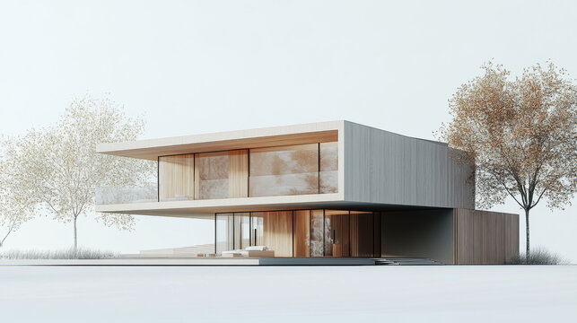 3D rendering of a modern house model on a white background. The architectural concept design.