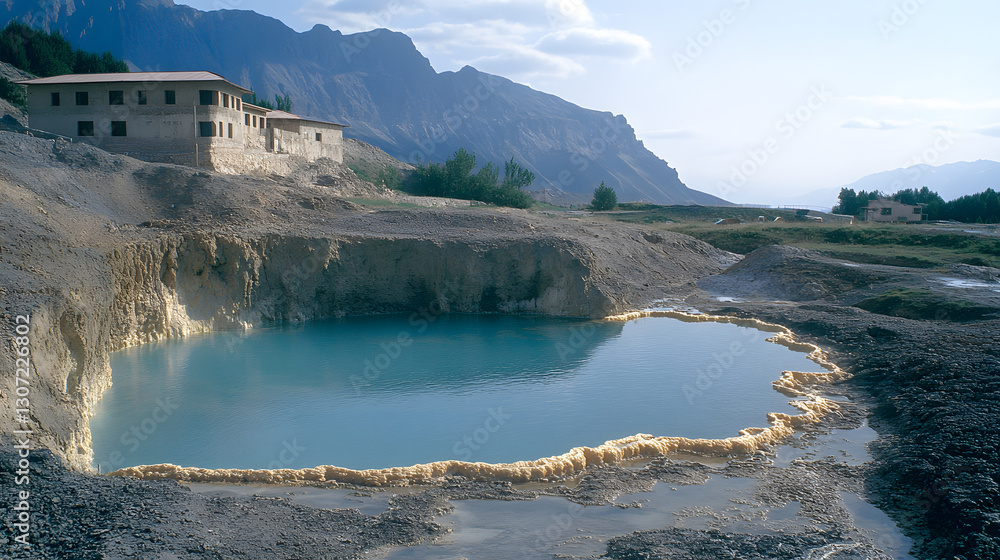 Poster a serene landscape featuring a turquoise pond surrounded by rocky terrain and a distant building aga