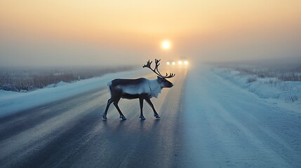 A reindeer is crossing a snowy road at sunset in the fog