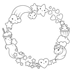 Frame with unicorn. Happy birthday party invitation.