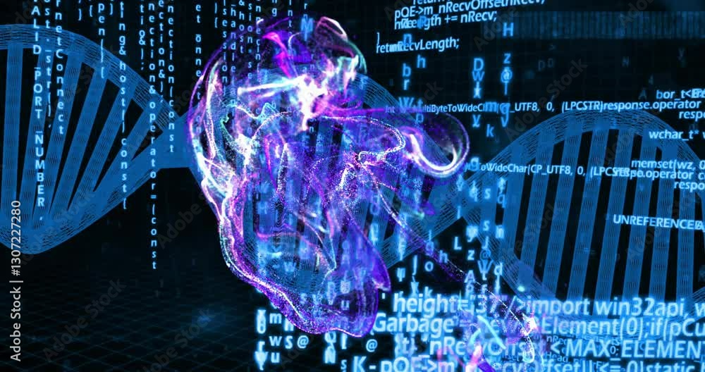 Poster digital dna strand and abstract data processing animation with vibrant colors