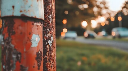 Rusty Metal Pole Close-Up with Blurred Background of Street and Cars in Soft Evening Light