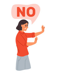 Woman with forbidding hands gesture. Rejection expression. Disagree and avoid. Stop palms. No speech bubble. Ban and decline pose. Displeased emotion. Disapprove answer. Vector concept