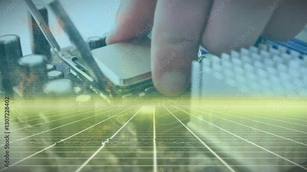 Poster placing computer chip over digital grid, representing technology integration concept
