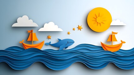 Playful Paper Art of Whale Swimming Between Boats Under Bright Sun and Clouds in Blue Ocean Waves