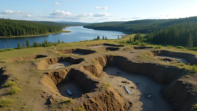 Historic Quiggly Holes Overlooking a Picturesque Lake, surrounded by Forest in a Remote and Peaceful landscape.