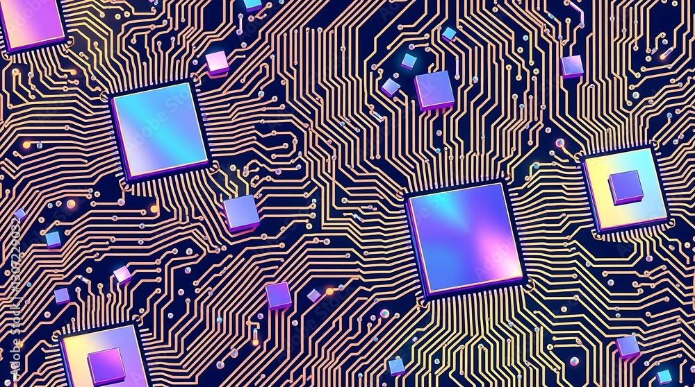 Poster digital circuit board: a vibrant, close-up shot showcases a modern circuit board, with microchips an