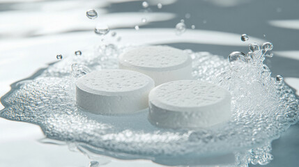 3d illustration round white tablets dissolve with bubbles, on clear background.
