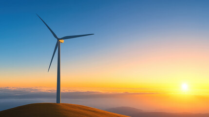 Obraz premium lone wind turbine stands on golden hill at sunrise, creating serene landscape