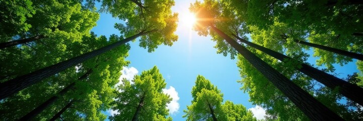 Obraz premium Forest canopy overhead, sunlight filtering down, sky, forest, leaves