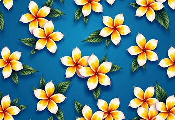 Obraz premium Endless Summer: Hawaiian Floral Pattern in Blue, Yellow, and White on Solid Blue, A Seamless Design for Apparel