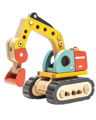 Fototapeta premium Colorful wooden toy excavator, white isolate background