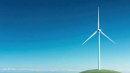 white wind turbine standing tall on green hilltop under clear blue sky
