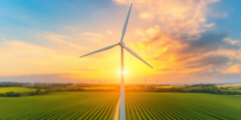 Obraz premium wind turbine stands tall against vibrant sunset over green fields, symbolizing renewable energy