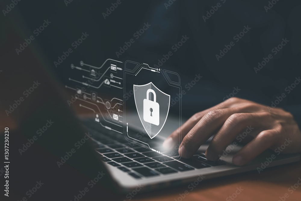 Poster laptop shows the icon lock shield for cybersecurity. concept of secure privacy data, protect cybercr