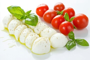Mozzarella sticks with fresh basil and cherry tomatoes on a clean white background