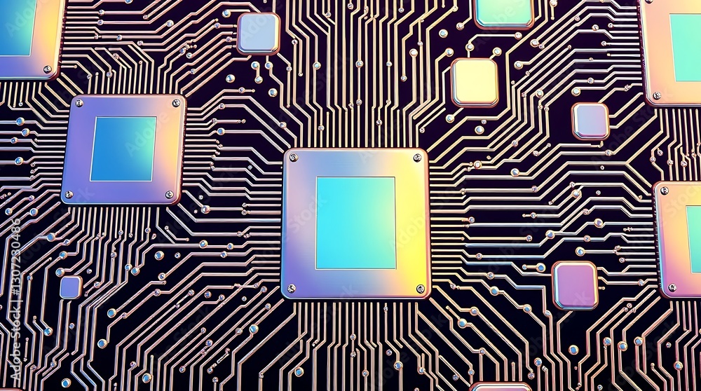 Poster the core of innovation: a vibrant microchip or circuit board, highlighting the intricate pathways an
