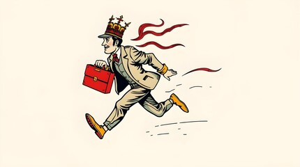 Obraz premium vector illustration of a man in a crown running with a briefcase