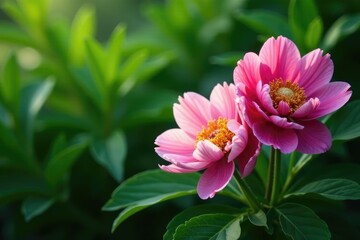 Obraz premium Green leaves with peony flowers in background, botanical, lush