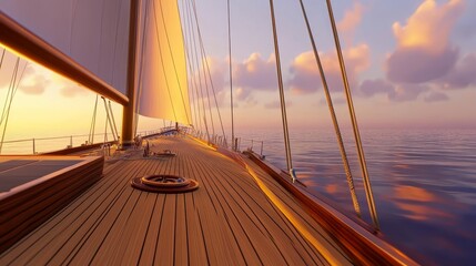 Serene sunset sailing on a wooden yacht, calm waters reflecting vibrant color, peaceful atmosphere