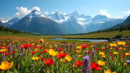 Fototapeta premium Picturesque alpine valley with wildflowers, a flowing river, and snow-capped mountains under a clear blue sky.