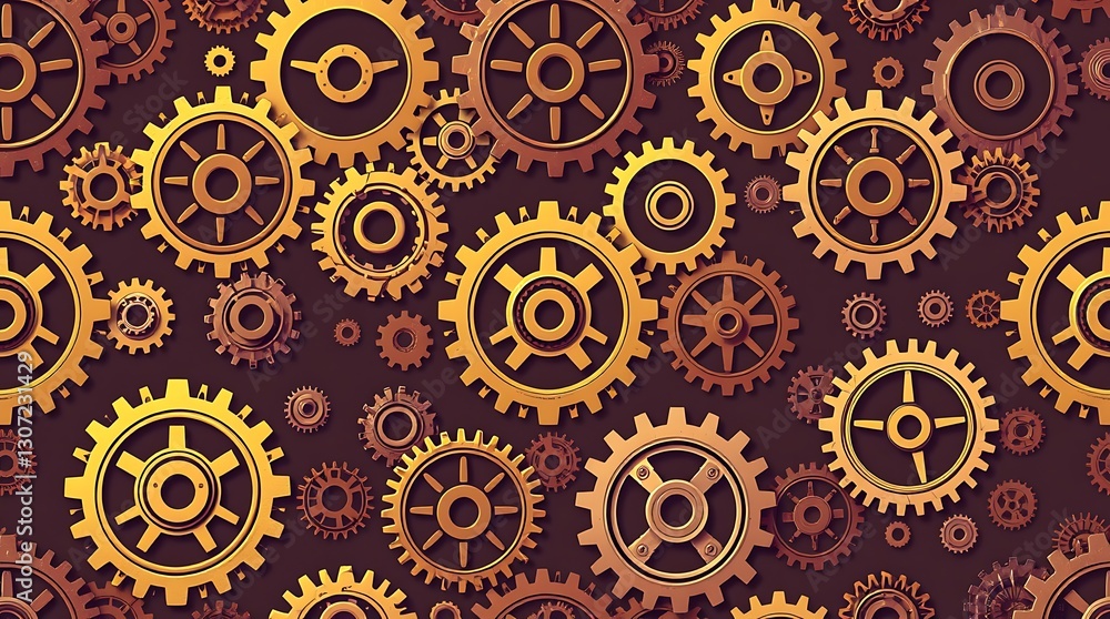 Poster mechanical marvel: a mesmerizing pattern of interconnected golden gears, representing intricate engi
