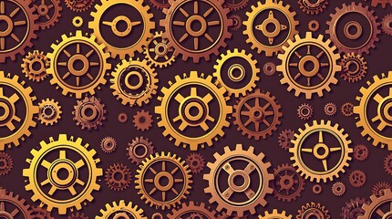 Mechanical Marvel: A mesmerizing pattern of interconnected golden gears, representing intricate engineering and industrial machinery, forms a captivating composition.