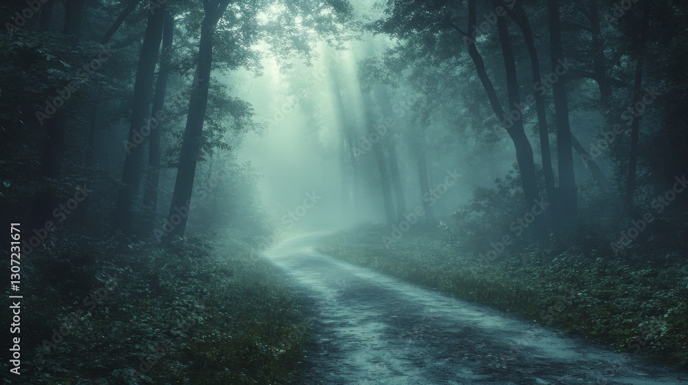 Poster a serene forest path shrouded in mist, illuminated by soft rays of light filtering through the trees