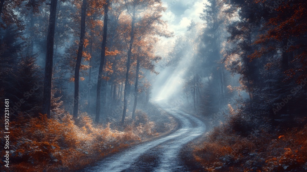 Poster A serene forest path illuminated by soft light, surrounded by autumn foliage and mist, creating a tranquil and enchanting atmosphere.