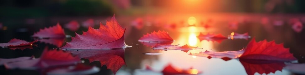 Leaves gently drifting down a still pond at sunset, colors, pink, orange