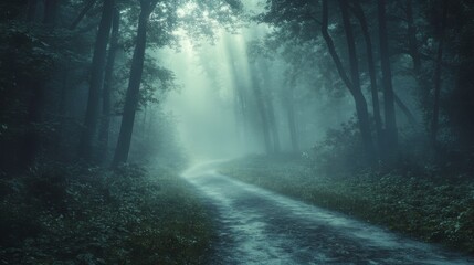 Obraz premium A serene forest path shrouded in mist, illuminated by soft rays of light filtering through the trees.