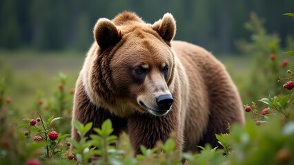 Obraz premium Majestic Brown Bear Foraging Among Berry Bushes in Lush Forest Environment