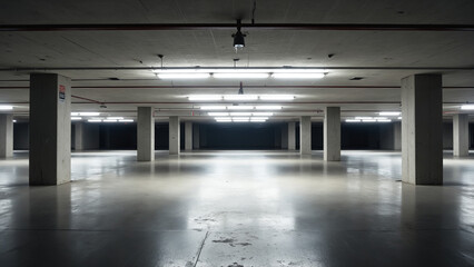 Modern Empty Concrete Parking Garage with Bright Lighting and Structural Design