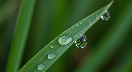Close-up of dew drops on green grass blades, showcasing nature's beauty and freshness